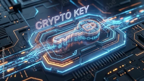 Digital crypto key emerging in neon glow. Futuristic blockchain security animation with energy streams. Cybersecurity symbol for digital asset protection concept. video footage video footage