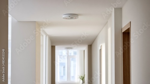 Modern apartment hallway with smoke detector and natural light creating a serene atmosphere