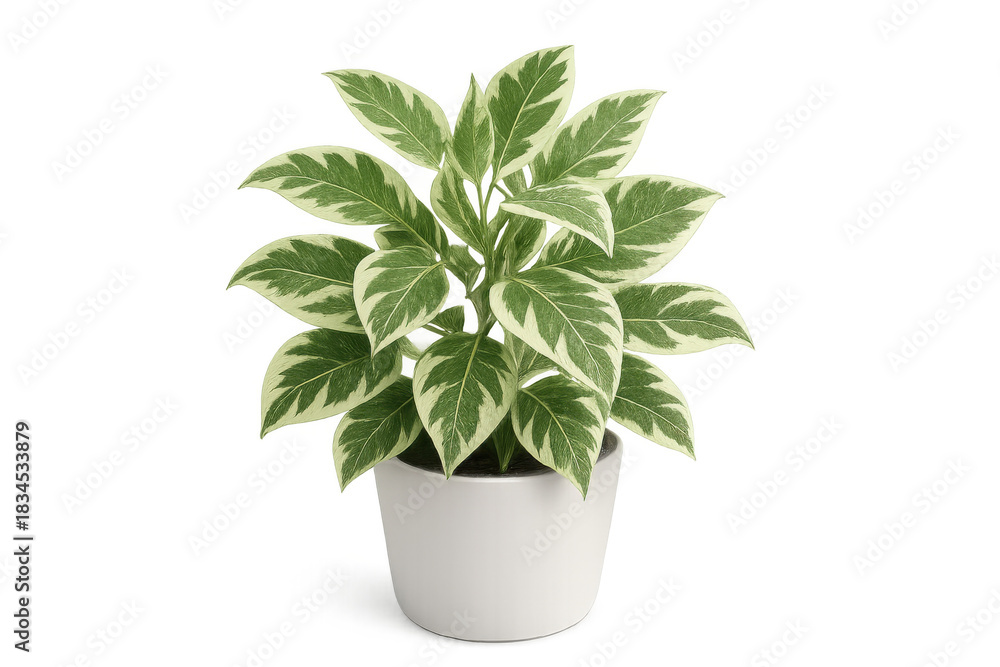 Obraz premium Potted houseplant with variegated green and white leaves. Indoor foliage plant in white ceramic pot, transparent background