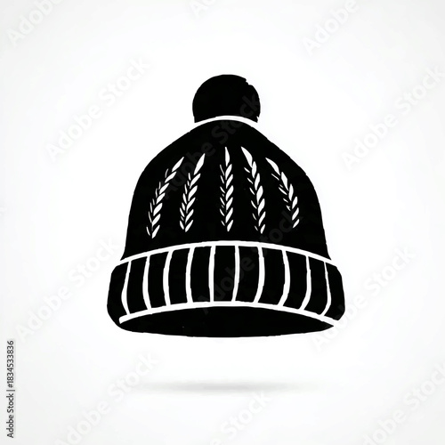 Black and White Knit Cap with Pom Pom Illustration

