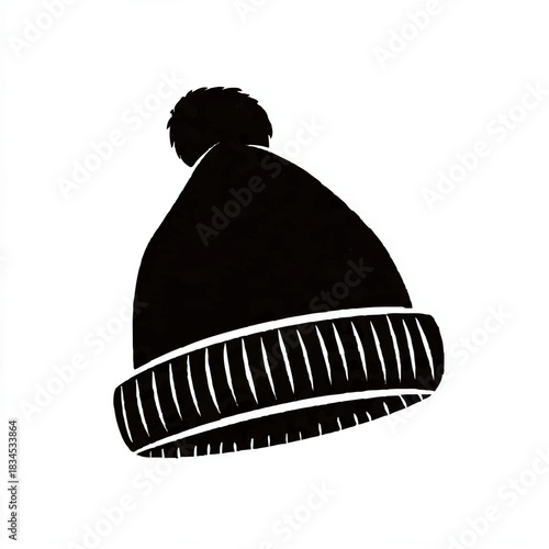 Black and White Knit Cap with Pom Pom Illustration

