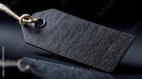 Fototapeta Naklejka Na Ścianę i Meble -  Black tag with a brown cord hanging from it is hanging from a black surface. The tag is not attached to anything, and it is a simple, unadorned object