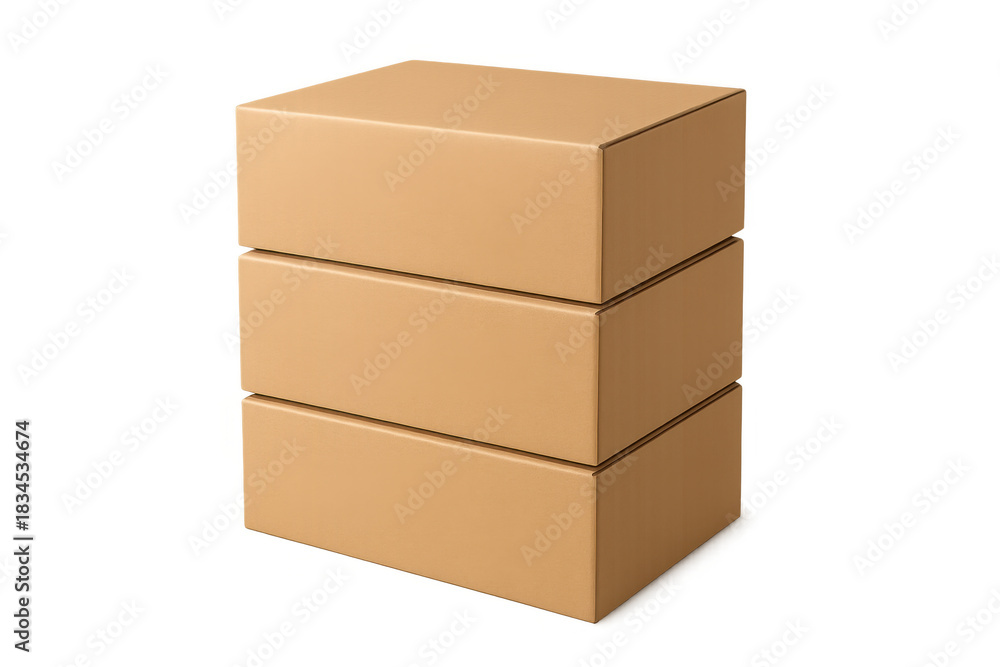Fototapeta premium Stack of three brown cardboard shipping boxes, packaging for delivery, moving, storage, cargo, and merchandise, transparent background