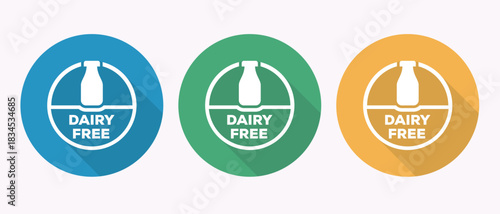 Three oval dairy free labels in blue green and yellow