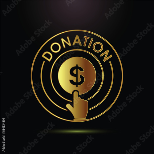 Golden donation button with dollar sign and hand icon