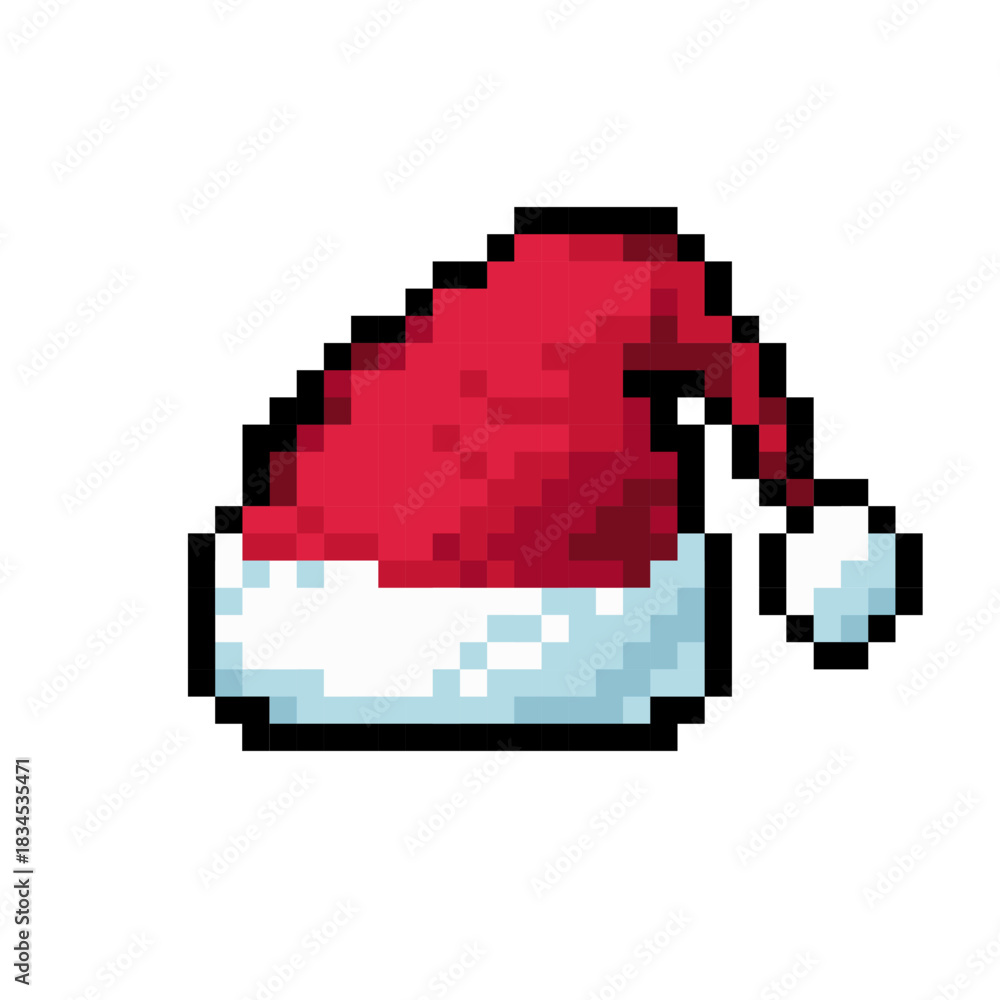 Fototapeta premium Pixel icon in Santa Claus hat. Arcade game icon. Christmas and New Year celebration. 