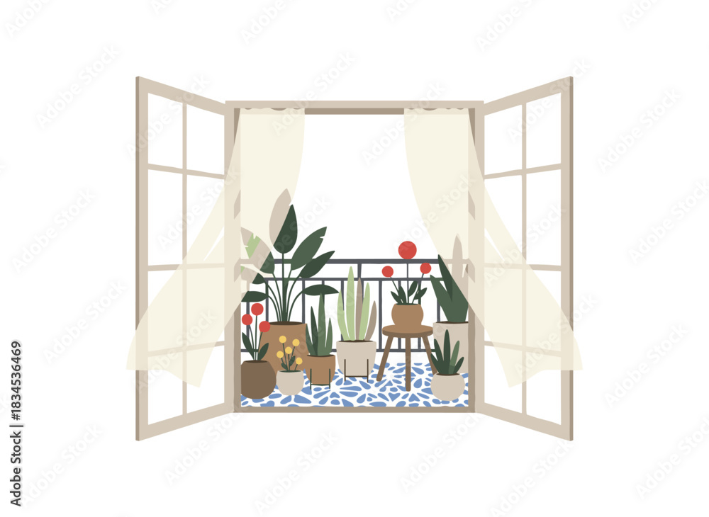 Fototapeta premium Illustration of a flat vector home balcony garden featuring potted green plants, a cozy terrace interior with numerous houseplants in planters and flowerpots, an urban jungle on the veranda visible