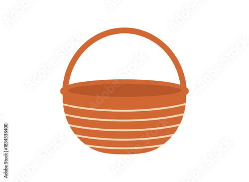 An interior storage basket made of clay and textile ropes, showcasing trendy basketry with wicker from earthen ceramic and paper vine, an empty basketwork with a handle, rendered as a flat vector