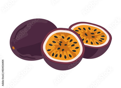 Fresh, pulpy passion fruits set against a white background, featuring juicy sweet flesh and seeds from ripe halves, presented in an exotic maracuja retro composition with realistic hand‑drawn vector