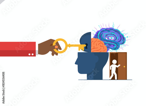 Psychology, psychotherapy, and mental healing concepts serve as keys to the subconscious, soul, and mind, illustrated in a vibrant flat vector style