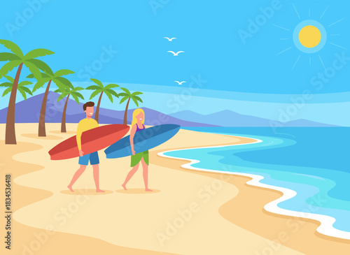 A cheerful group of young surfers with surfboards enjoys a sunny tropical beach, smiling as they ride the waves at an exotic resort, depicted in a flat vector illustration of a man and woman by the