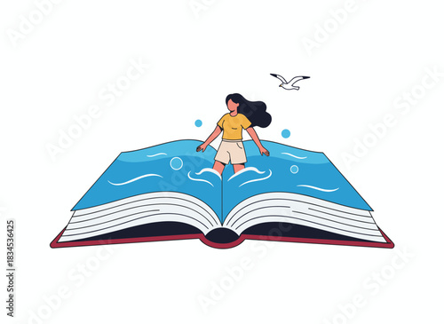 Exploring a novel of fiction, a bookworm dives into pages of fantasy, embodying imagination; a tiny bibliophile character in a flat vector illustration set against a white background