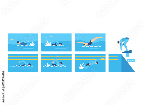 Professional swimmers in action, leaping from a board into the pool while training backstroke, butterfly, crawl, and freestyle, presented as a flat vector illustration on a white background