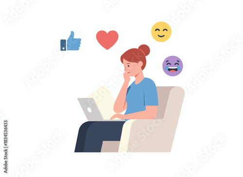 A blogger at a laptop receives positive feedback on a social media post, chatting online and collecting likes and thumbs‑up, depicted in a flat vector illustration on a white background