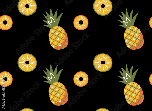A sophisticated seamless pattern featuring whole and sliced pineapples against a black backdrop, showcasing fresh tropical fruit in vivid colors, ideal for wallpaper, wrapping paper, and fabric