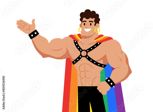 A gay man wearing a rainbow flag and BDSM leather straps, with a harness on his bare torso, appears happy in latex and a studded collar, depicted as a flat graphic vector illustration on a white