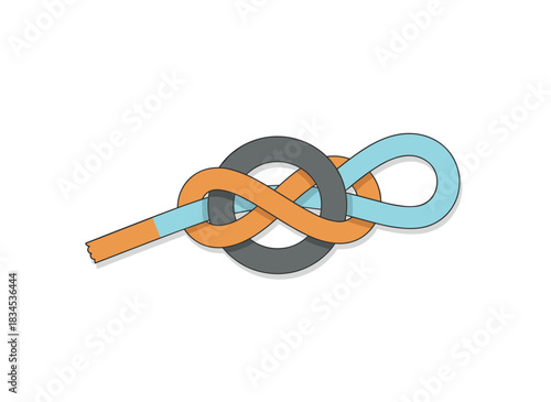 A becket hitch, a rope knot, double string and cord connection, binding with intertwined wire and two cables for security, safety, and fixing, presented as a flat vector graphic isolated on a white