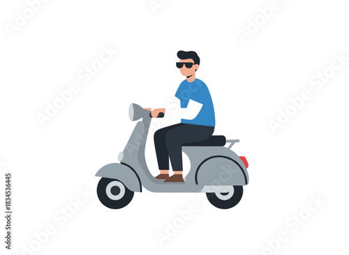 A cheerful young male commuter rides a kick scooter, smiling as he travels on an electric eco‑friendly urban vehicle, depicted in a flat vector illustration on a white background