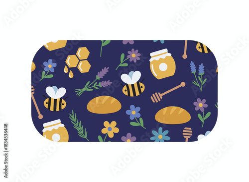 Hand‑drawn vector illustration of a seamless apiculture pattern featuring honey dripping from a dipper onto toast, bees, honeycomb, linden, acacia, clover plants, and a jar against a dark background