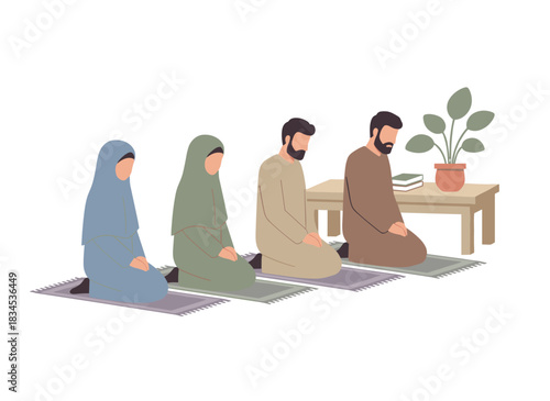 Muslim family performing Namaz (Salah), with devout parents and children praying; Eastern individuals reciting prayers to Allah; concept of Islam; flat vector illustration on a white background