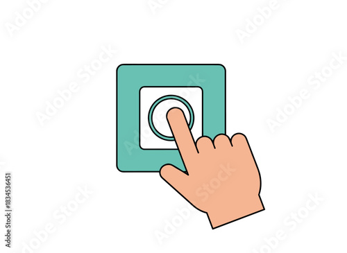 Finger presses, pushes, clicks, taps, and points at a wall button; hand rings a doorbell; action of switching or turning off; flat vector illustration isolated on white background