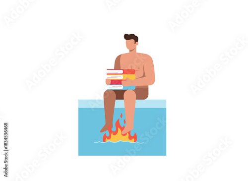 Illustration of a flat vector depicting a stressed, anxious individual confronting aquaphobia by swimming in a pool, overcoming fears of depth and sinking, set against a white background
