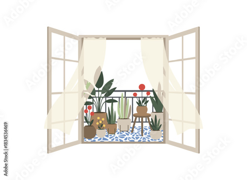 Illustration of a flat vector home balcony garden featuring potted green plants, a cozy terrace interior with numerous houseplants in planters and flowerpots, an urban jungle on the veranda visible