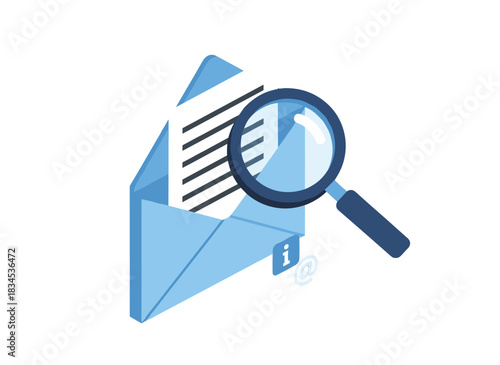 Reading and searching emails, exploring communication ideas, using a magnifying glass to examine messages and check for spam, studying newsletters, all depicted in a flat vector illustration on a