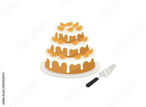 A cake, a sweet dessert accompanied by a spatula; cooking and decorating a tiered confection with whipped cream and strawberries; patisserie featuring a decorated confection; a flat vector