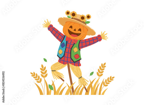 A smiling straw scarecrow in tattered clothes and hat stands in a field of growing crops, while a cheerful bird in ragged attire scares away pests, all depicted in a vibrant modern flat cartoon