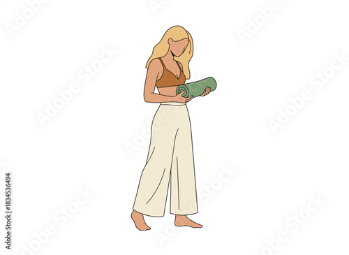 A woman stands as she puts on trousers, adjusting and tightening the waist belt, depicted in a flat vector illustration on a white background