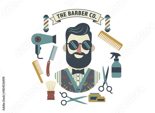 Illustrated hand‑drawn barbershop set featuring accessories such as a comb, razor, shaving brush, scissors, hairdryer, barber's pole, and bottle spray, rendered in colorful vector style against a