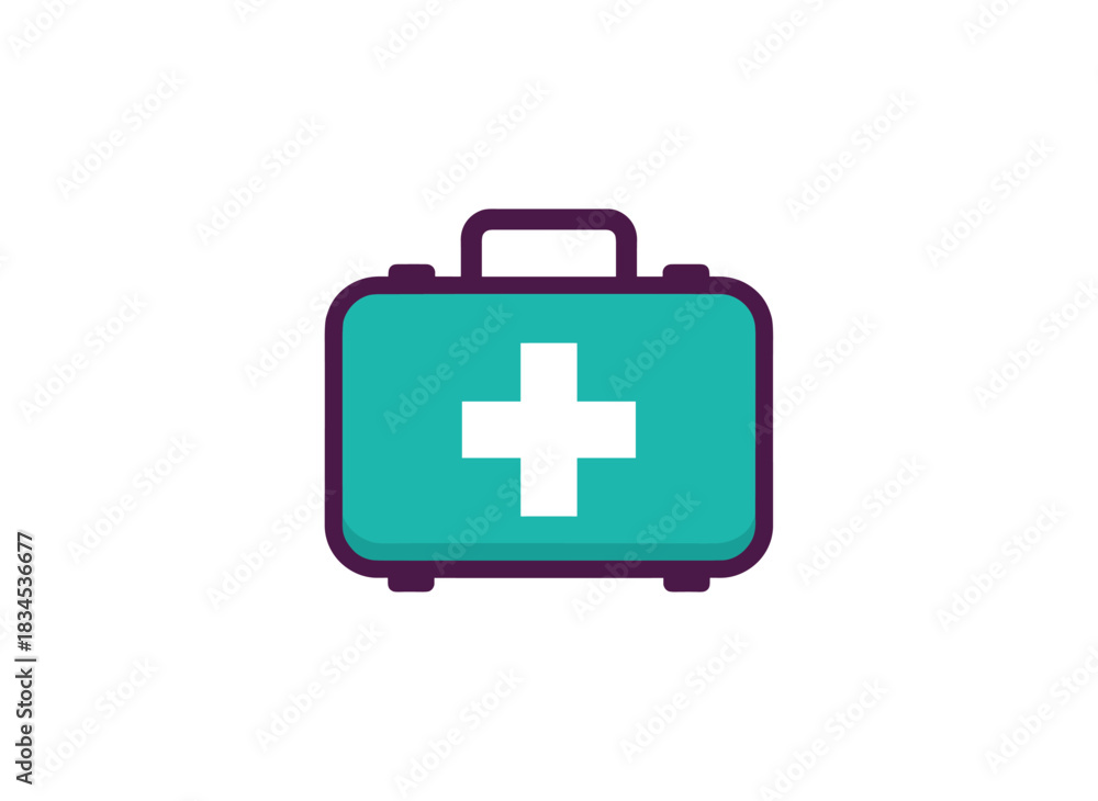 Obraz premium A flat vector illustration of a first aid kit in an emergency box marked with a medical cross, a suitcase containing health drugs and medicine supplies, a first aid case, a survival bag, and a rescue