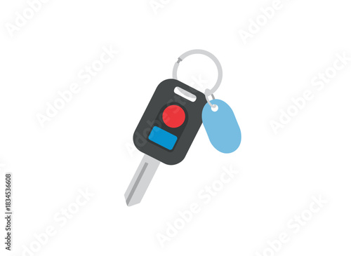 A car key featuring remote control, keyring, and electronic transponder with lock and unlock buttons for opening and closing the vehicle doors, depicted as a flat vector illustration on a white