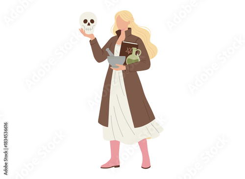 A female anthropologist holds a skull and human bones along with history and archaeology books and archival documents, depicted in a flat vector illustration set against a white background