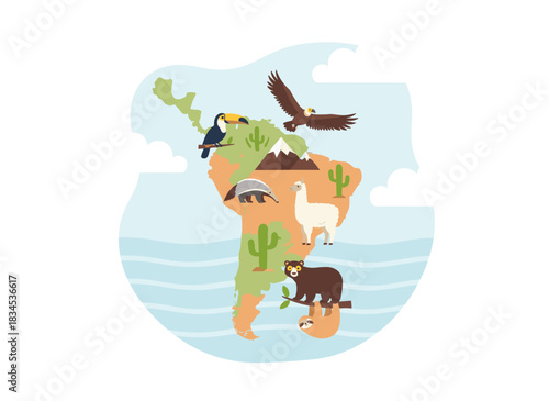 A child‑friendly flat vector illustration of a South American map featuring cute wild mammals such as llamas, anteaters, and toucans, highlighting diverse species and terrestrial habitats