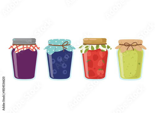 Glass jars display homemade fruit preserves, including blackberry, kiwi, plum, and strawberry marmalades, sweet summer berry jelly confitures, all presented as home‑made food in a flat vector