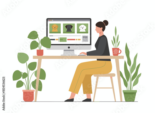 A motion graphics designer works on a computer creating animation designs, a digital creator works at a desktop screen, a female video editor sits at a PC desk, and a flat vector illustration is