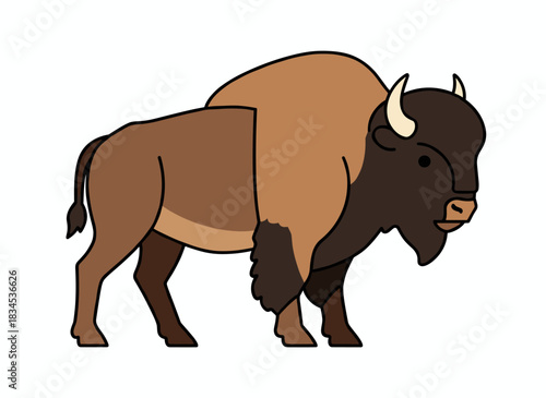 Illustration of a muskox in flat vector style, representing Norwegian wildlife, featuring the powerful Ovibos moschatus on a white background, an Arctic hoofed mammal clipart with a thick brown coat