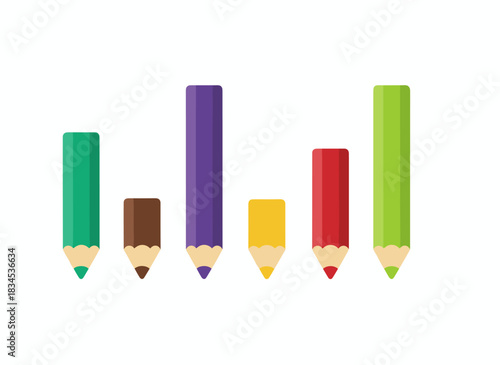 Pencils in various colors with sharp points, both new and used, ranging from long to short, are sharpened for drawing and painting; flat vector illustrations stand alone on a white background