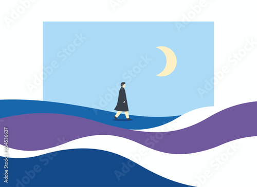 Venturing into the unknown, a man drifts through a mysterious fantasy dream, a psychological concept of a person exploring a strange, dreamy mystery illuminated by light in darkness—a spiritual