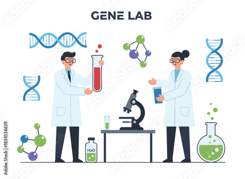Scientists in white coats conduct experiments and research in a laboratory, focusing on DNA analysis, genetics, genome editing, and genomics, illustrated in a flat vector style