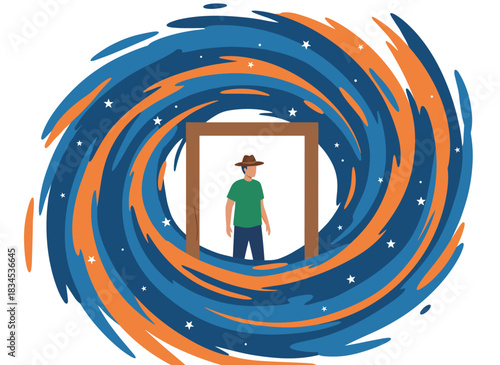 A fantasy, miracle, and dream concept, featuring a creative person exploring, discovering, opening, imagining, and observing a new world and life experience, rendered as a flat graphic vector