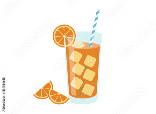 A chilled glass of orange juice with ice and a straw, a fresh citrus drink for summer, a cool natural lemonade providing organic vitamin refreshment, illustrated as a flat vector on a white