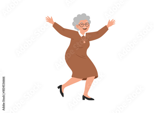An elderly woman dancing in an elegant evening gown with accessories and jewelry, happily moving to music in a flat graphic vector illustration set against a white background
