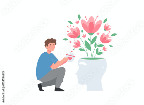 A flat vector illustration of a happy person nurturing a blooming brain, depicting concepts of mental health, mind development, psychology, psychotherapy, and positive self‑care, set against a white