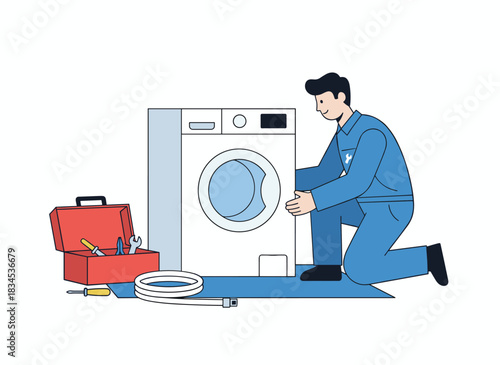 A repairman fixes a broken washing machine, a plumber repairs a washer, and an electrician works on a home appliance, all shown in a flat vector illustration of a professional worker isolated on a