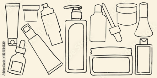 Set of skin care products hand drawn outline doodles designs as design elements vector illustration