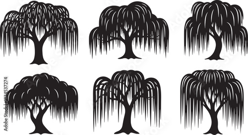 black silhouettes of weeping willow trees on transparent background vector illustration