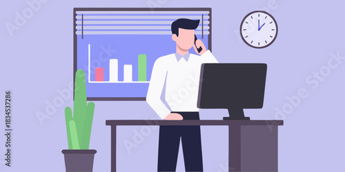 Illustration of a businessman or office worker standing at his desk, talking on a mobile phone next to a computer monitor, with a clock and bar graph chart in the background, symbolizing work 